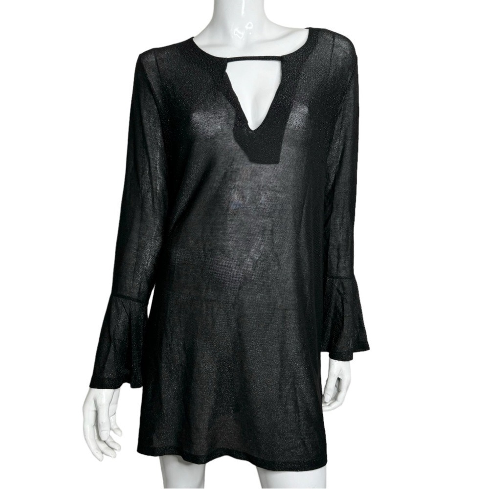 PHO Long Bell Sleeves Sheer Peep Hole Back Midi Swimsuit Cover-Up Dress